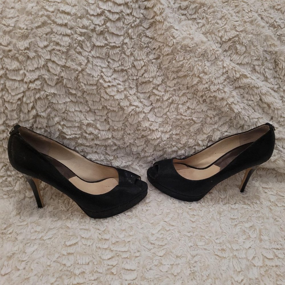 MICHAEL KORS YORK PLATFORM BLACK GLITTER PUMP OPEN TOE WOMENS SHOES Size 9